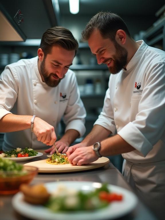 The founding chefs of Highland Munch collaborating in their professional kitchen. One chef is meticulously garnishing a dish while another observes with a smile.