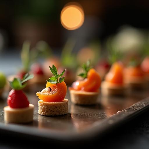 Detailed shot of artfully crafted elegant canapés arranged on a tray, suitable for a refined private party.