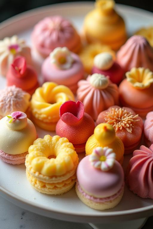 An artfully arranged dessert platter featuring a selection of exquisite, colourful sweet treats.