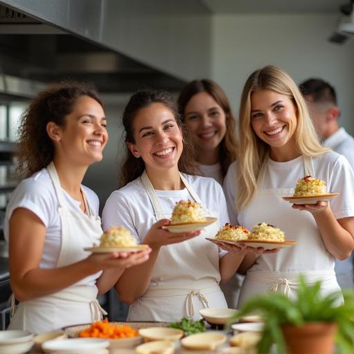 Happy attendees proudly showing off their culinary creations at a hands-on workshop, smiling and engaged.