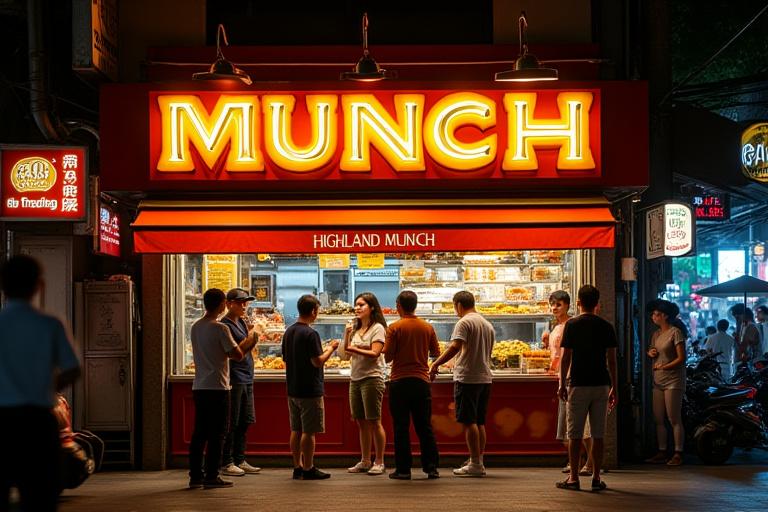 The vibrant and inviting front of the Highland Munch food stall at Telok Ayer, bustling with activity.
