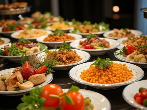 A beautifully arranged spread of diverse dishes for an event catering service.