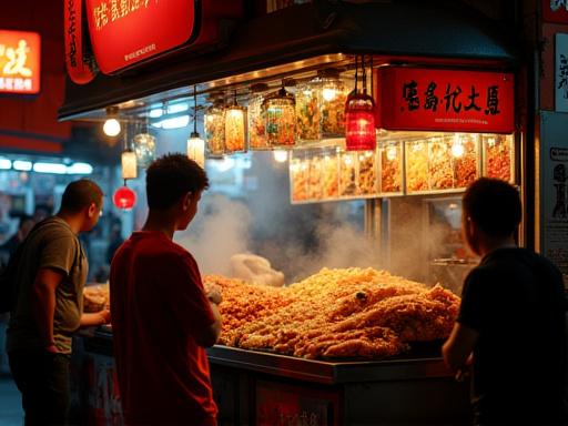 A bustling street food stall frontage during peak hours, showcasing a variety of delicious dishes.