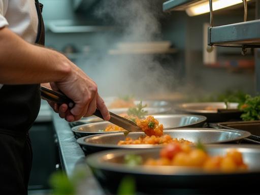 A chef meticulously preparing dishes in a professional, well-organized hawker stall kitchen.
